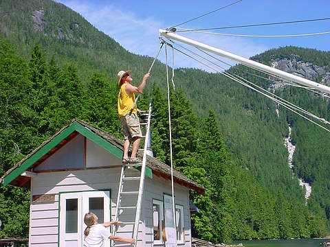 Repairing a snagged line in Kwatsi Bay Marina